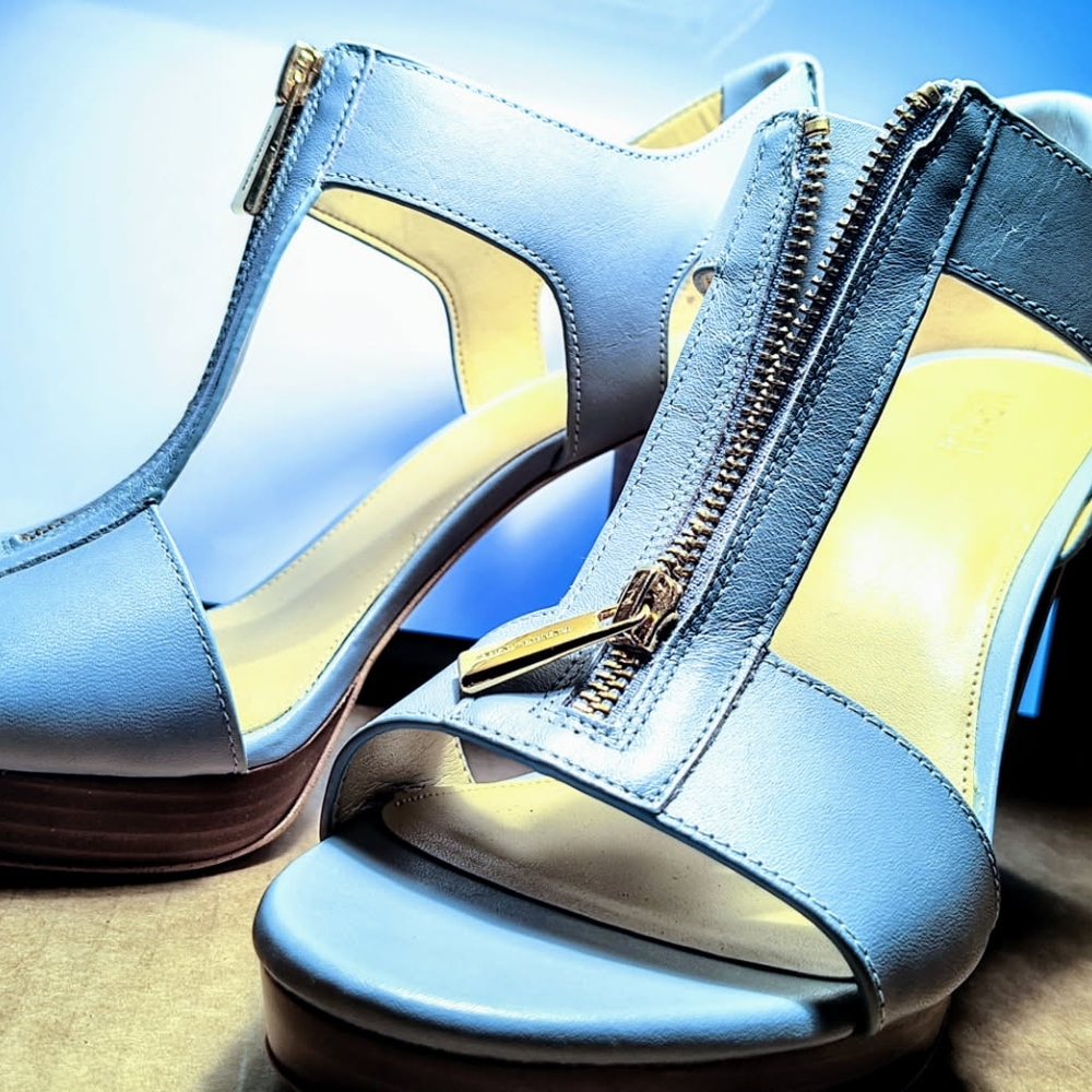 Michael Kors Blue Heels with T-Strap Zipper Design